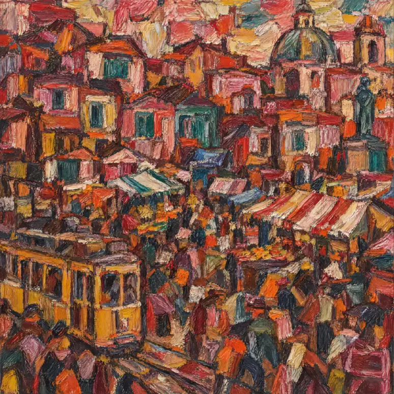 Colourful, roughly square city scene with a yellow tram in the lower left and crowds moving among market stalls with striped awnings. Closely stacked red and pink buildings have dark green windows; a greenish dome and a standing statue rise at the upper r