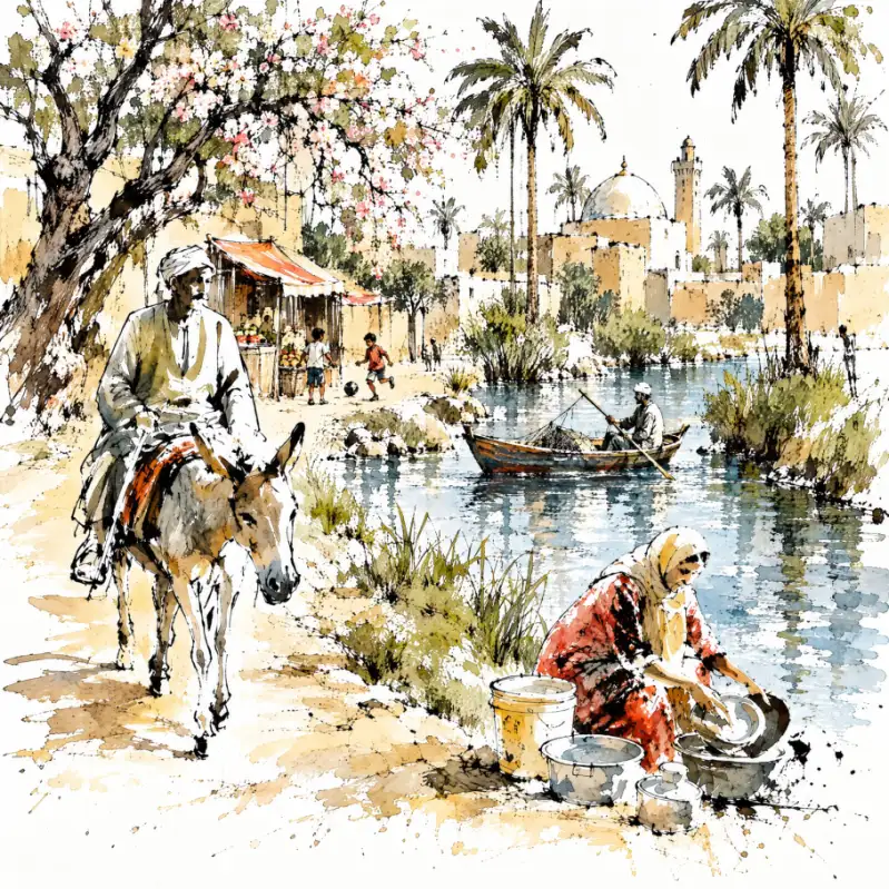 A loosely rendered village scene beside a blue-green waterway. At left, a turbaned rider sits on a donkey beneath a flowering tree; at lower right, a person in red clothing and a yellow head covering washes vessels beside several containers. A boatman sit