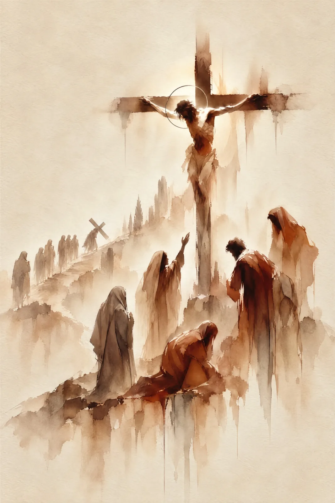 Portrait-format Crucifixion scene in cream, brown and rust tones. Jesus hangs on a tall cross in the upper centre, his bowed head surrounded by a thin circular halo. Five robed figures stand or kneel below, including one reaching upwards. Along a rising p