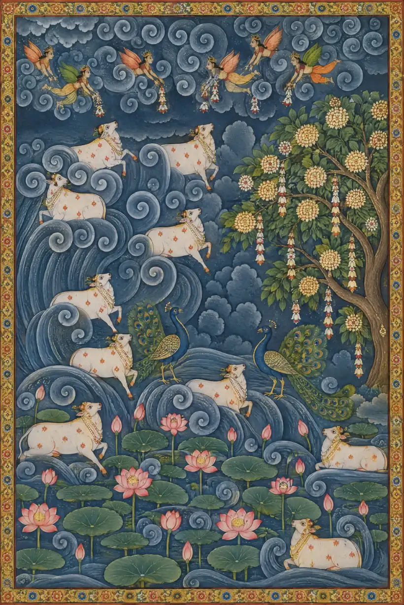 Portrait-format artwork within a gold-toned floral border. White cows wearing ornaments and small orange floral markings appear among spiralling blue waves and clouds. Two blue-and-green peacocks stand near the centre, while pink lotus flowers and broad g